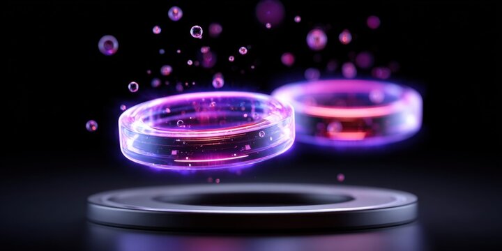 Futuristic glowing rings levitating with particles and bubbles against a dark background
