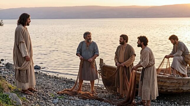 Jesus Observing Disciples from a Grassy Hill