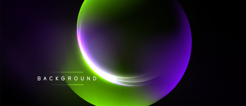 Abstract vibrant design features glowing orb, gradient colors, dark background. Modern aesthetic, suitable for digital projects.