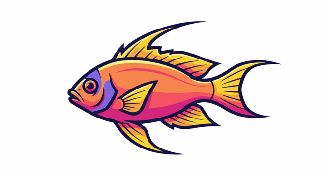 Stylized fish with vibrant orange, pink, and purple hues, on white