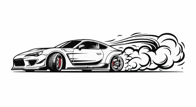 Stylized line art of a sports car performing a drift with smoke clouds