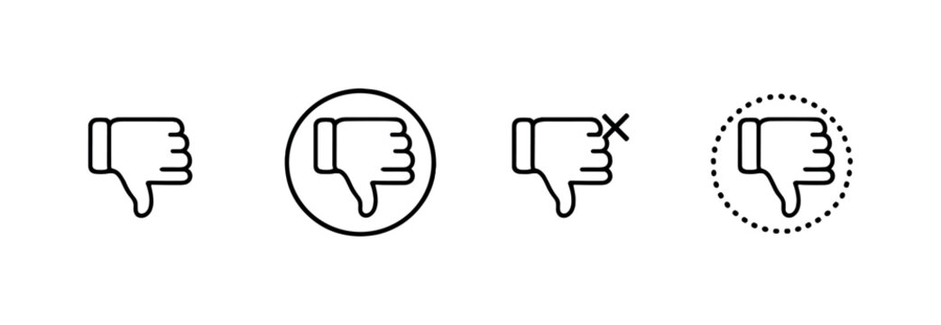 Minimal monochrome thumbs-down icon set showing disapproval, negative rating, rejection and dislike symbols in outlined style on a dark gradient background