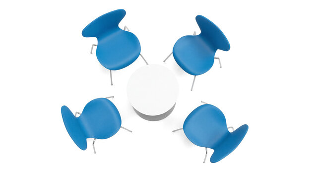 Modern blue chairs and a white round table, top-down view, 3D render, isolated on transparent background.
