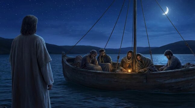 Exhausted Disciples in Boat under Starry Sky