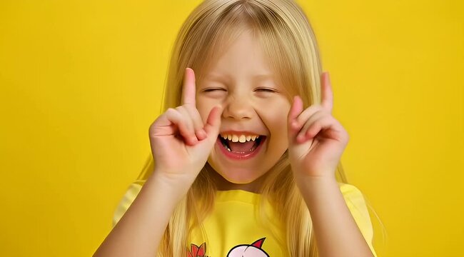 Happy blonde girl laughing out loud, eyes shut tight in pure joy, playfully gesturing