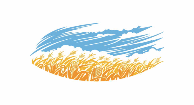 Stylized golden cornfield beneath a vibrant, windswept blue sky
