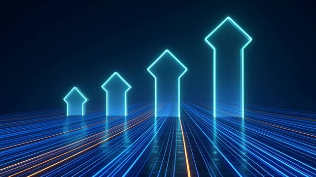Neon arrow outlines rising above glowing blue data lines reflective floor representing digital growth and technology optimism neon arrow outlines rise above luminous blue data lanes with glowing