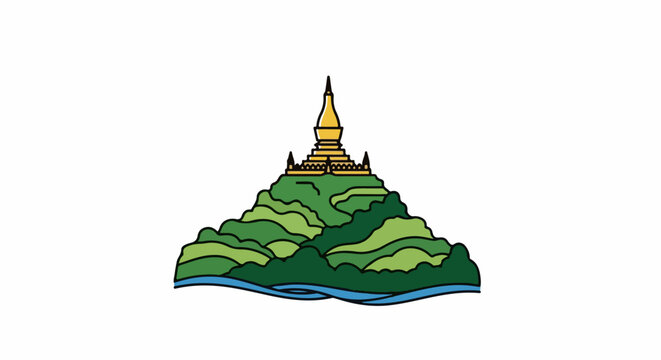 Stylized golden stupa crowning a green, layered hill with water below