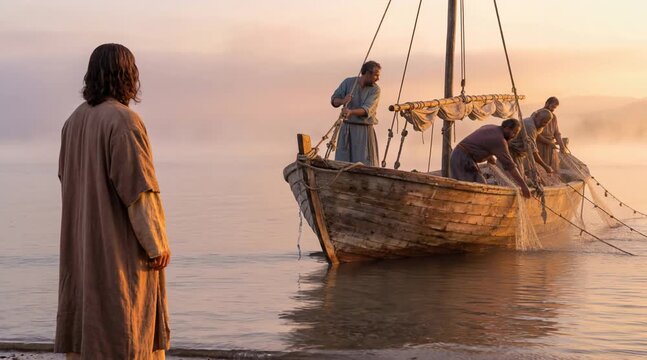 Jesus on Shore at Dawn with Boat in Mist