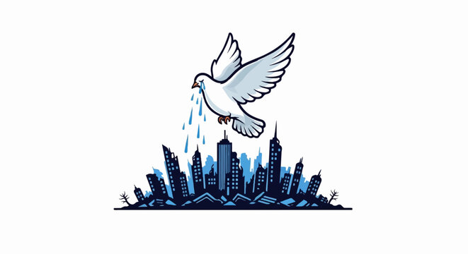 A crying dove sheds tears over a ruined city skyline