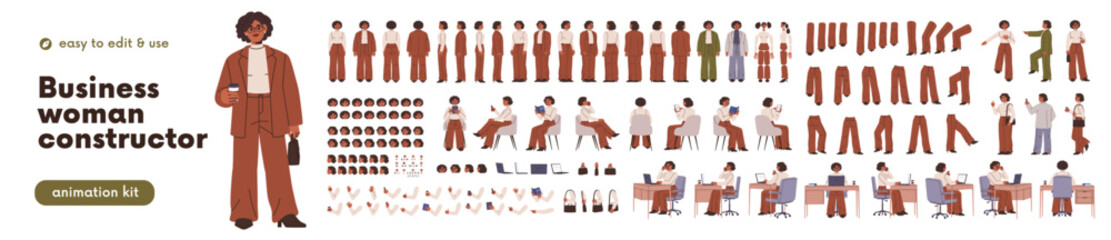 Black business woman constructor, animation kit. Female office worker, body parts, poses at work, set. Professional character construction. Flat vector illustration isolated on white background