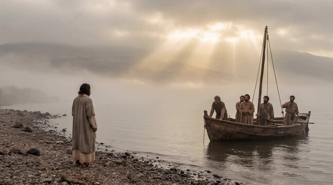 Disciples Shaking Heads No at Jesus from Boat