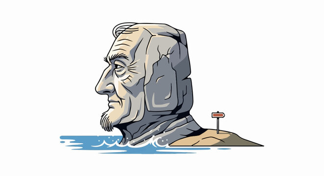 A carved stone head emerging from the ocean, on a small island with a signpost