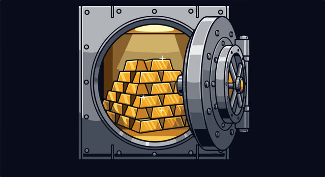 Stack of gold bars inside an open vault