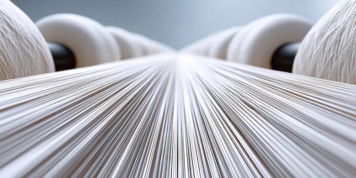 Close-up view of white threads on spools in a textile factory, creating a sense of motion