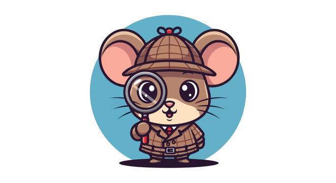 Adorable cartoon mouse detective holds magnifying glass, wearing a hat and coat