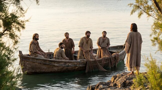 Disciples Throwing Nets on Right Side of Boat