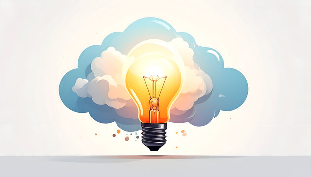 Glowing light bulb emitting bright light in front of blue cloud shaped background