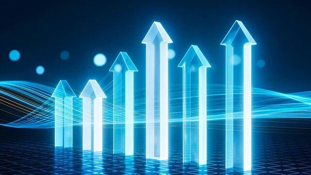 Glowing translucent upward arrows digital grid symbolize growth progress and rising data trends futuristic blue glowing technology with translucent arrow glass house icons rising digital grid