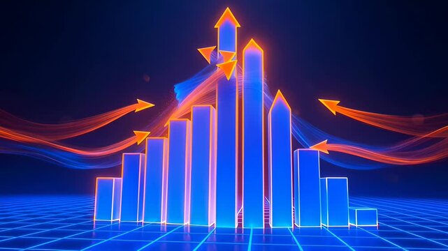 Neon glowing 3D bar chart with upward arrow growth and flowing light trails + neon arrows swirl above glowing grid floor + neon city bar chart with flowing light trails, data analytics, futuristic