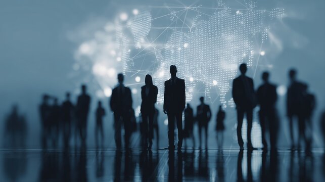 Silhouettes of business people standing in front of a world map on a digital background with network connections, a concept for global connectivity.