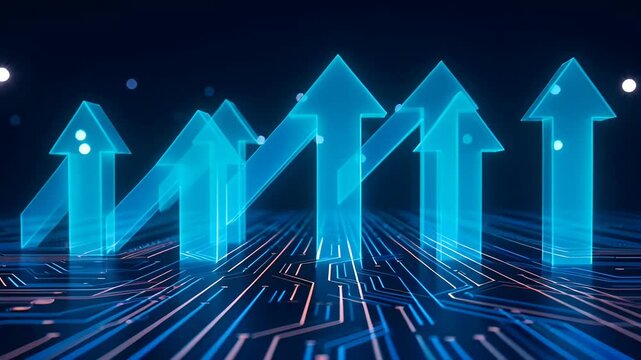 Blue glowing arrows rising from digital circuit board symbolize technology growth and data driven progress with glowing translucent arrow shapes pointing upward dark futuristic space conveying growth