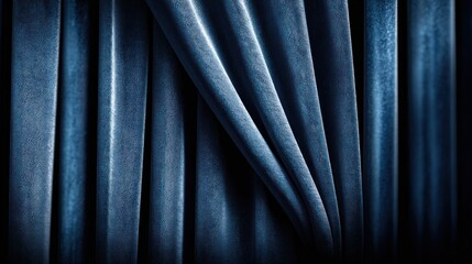 Fototapeta premium Deep blue velvet fabric drapes with soft folds and subtle texture, creating a luxurious backdrop