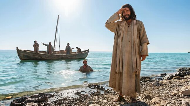 Simon Peter Swimming Towards Jesus on Shore
