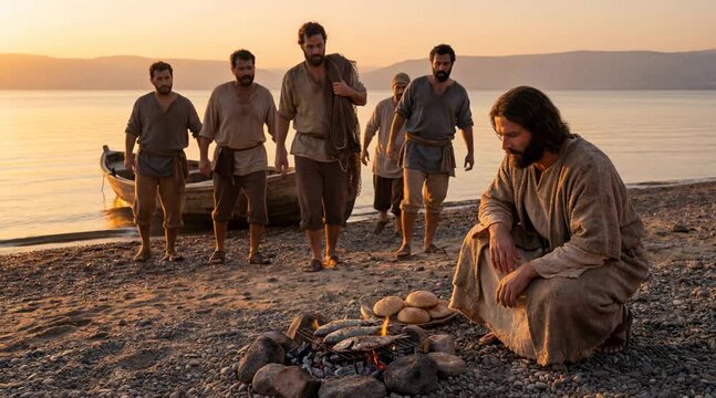 Jesus with Charcoal Fire as Disciples Arrive