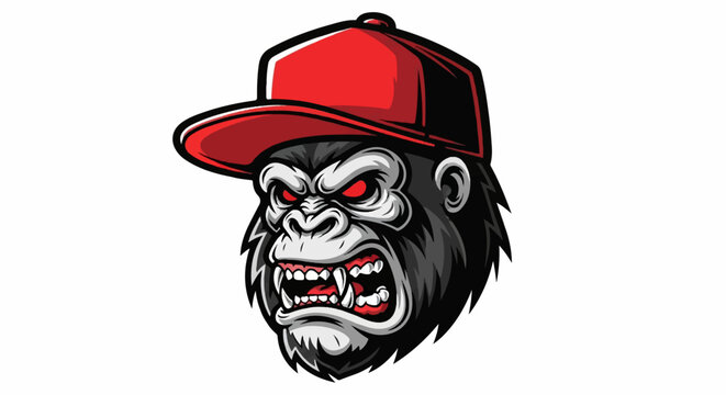 Furious gorilla head with red baseball cap, sharp teeth, red eyes