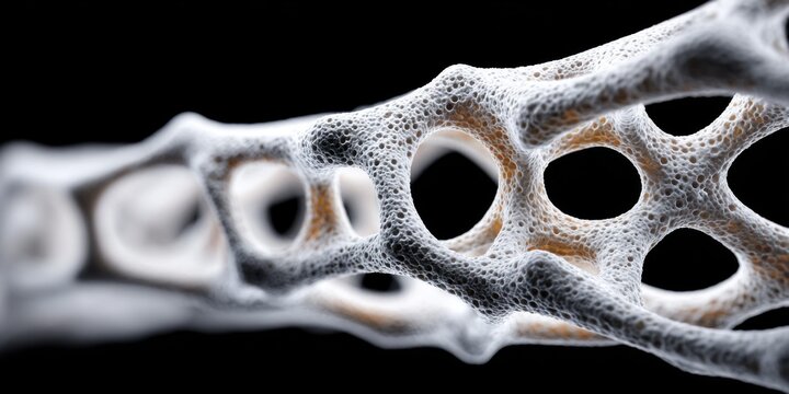 Close-up microscopic view of porous bone structure with intricate network of trabeculae
