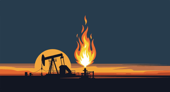 Silhouette of oil pumpjack and flaring gas against a sunset horizon
