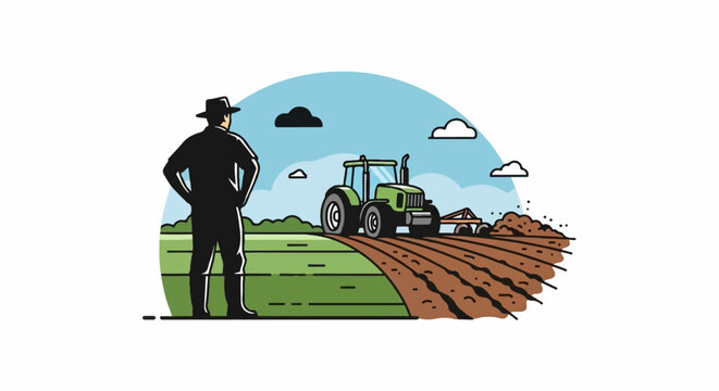 Farmer watches tractor plow a field under a cloudy sky