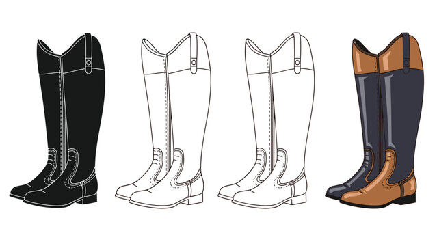 Horse riding boots presented in four different styles including silhouette, line art, and two-tone color designs for equestrian sports.