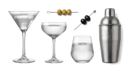 A professional collection of martini glasses, a cocktail shaker, and olive garnishes, perfect for...