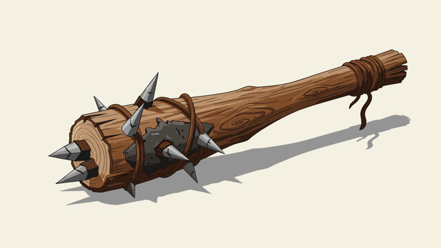 Primitive wooden spiked club weapon featuring metal thorns and a leather wrapped handle on a light background with shadow.