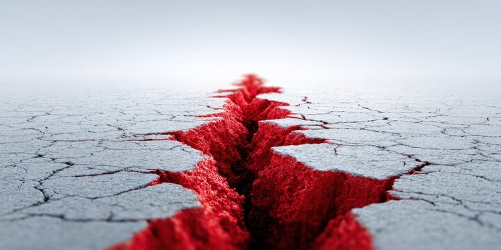 Deep red fissure cracks the dry, arid ground with a dramatic, abstract geological event