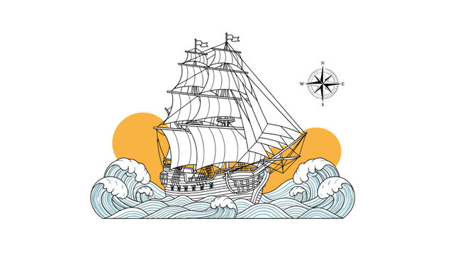 Detailed line art of a classic tall sailing ship on ocean waves with suns and a compass rose in the background.