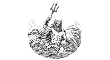 Mythological God Poseidon or Neptune emerging from stormy sea with trident © tempe