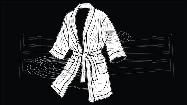 Elegant boxing robe illustration shown in a line art style set against the backdrop of a boxing ring on a solid black background.
