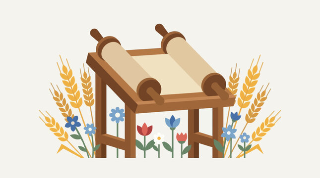 Ancient scroll on wooden stand illustration with handles.