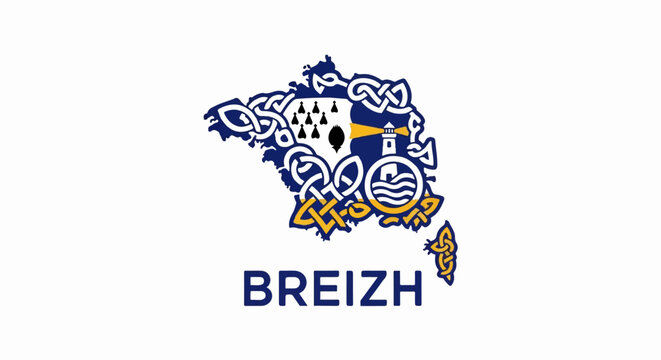Stylized map with Celtic knotwork and nautical symbols, text "BREIZH