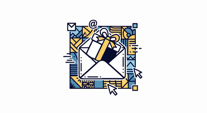 Abstract envelope delivering a gift with digital pointers and @ symbol