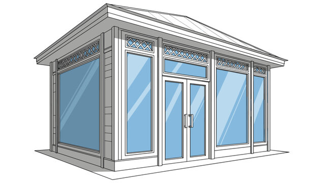 Architectural sketch of a modern garden studio or outdoor office building with large glass windows and double doors.