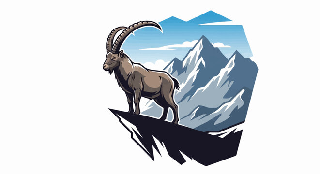 A mountain goat stands proudly on a rocky peak with snow-capped mountains
