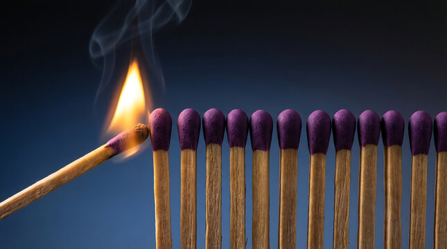 Row of wooden matches with one lit, creating a chain reaction or inspiration concept, against a dark blue background.