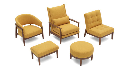 Obraz premium Collection of five elegant mid-century modern mustard yellow armchairs and ottomans, isolated on transparent background.