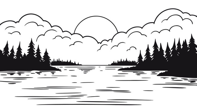 Hand drawn landscape of a lake with pine forest and sun behind clouds in line art style