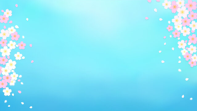 春のイメージ、桜の花と風に飛ぶ花びらの背景イラスト
