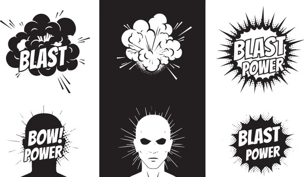 Black and white comic book style explosions and superhero head silhouettes blast power pop black and white